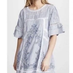 Free People Embroidered and Ruffled Blue and White Floral Mini Dress